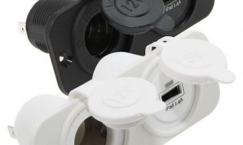 Гнездо зарядное USB 5В 2.4А на панель, черное, одинарное + прикуриватель